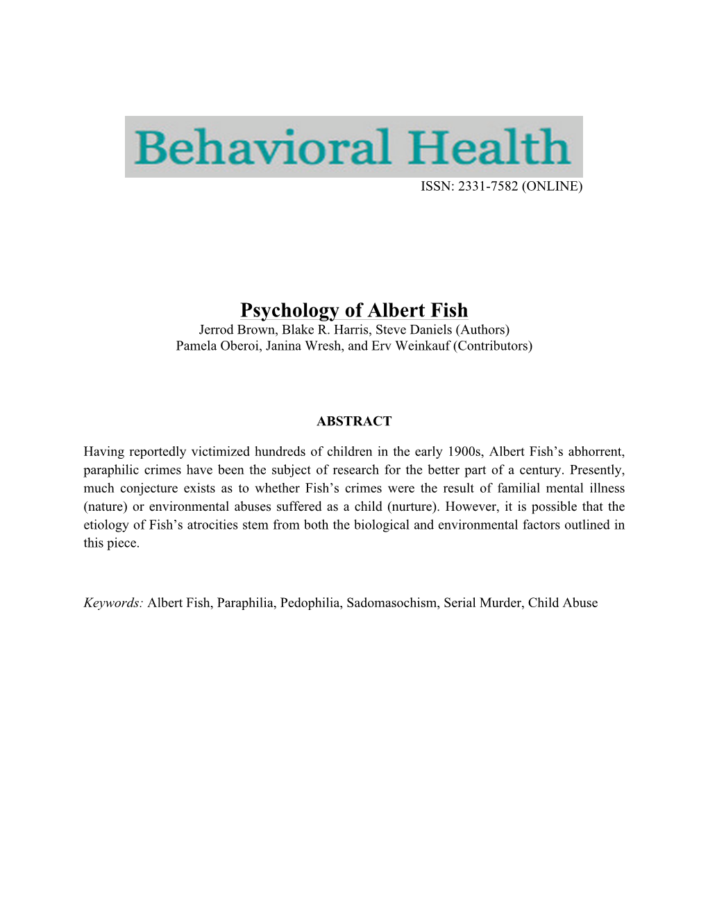 Psychology of Albert Fish Jerrod Brown, Blake R