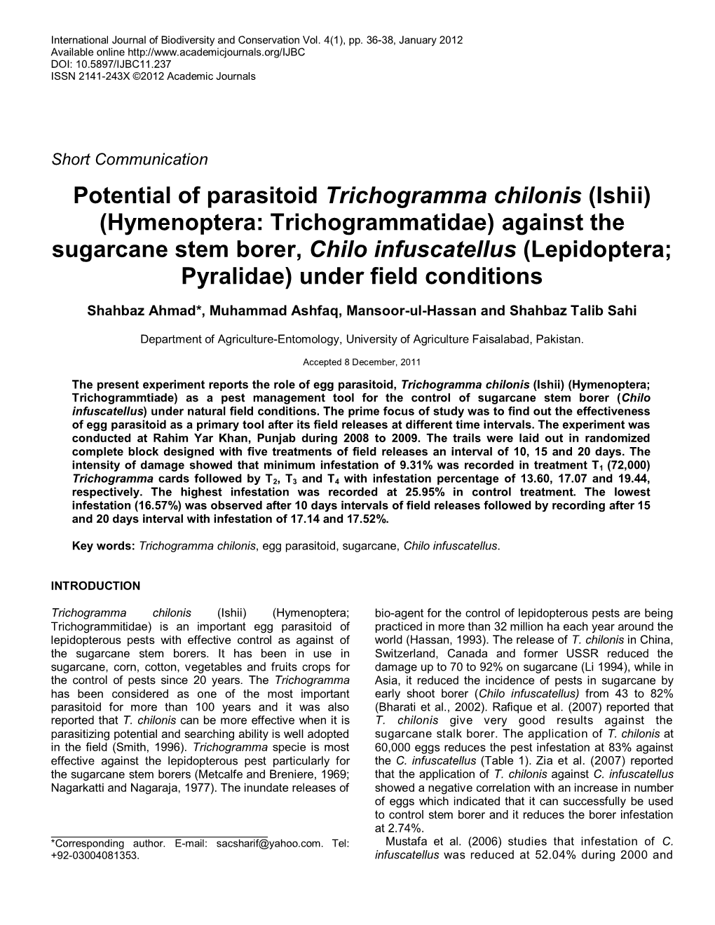 Potential of Parasitoid Trichogramma Chilonis