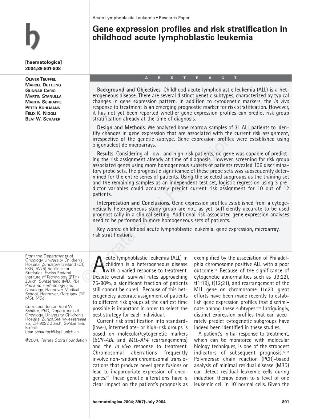 Gene Expression Profiles and Risk Stratification in Childhood Acute Lymphoblastic Leukemia