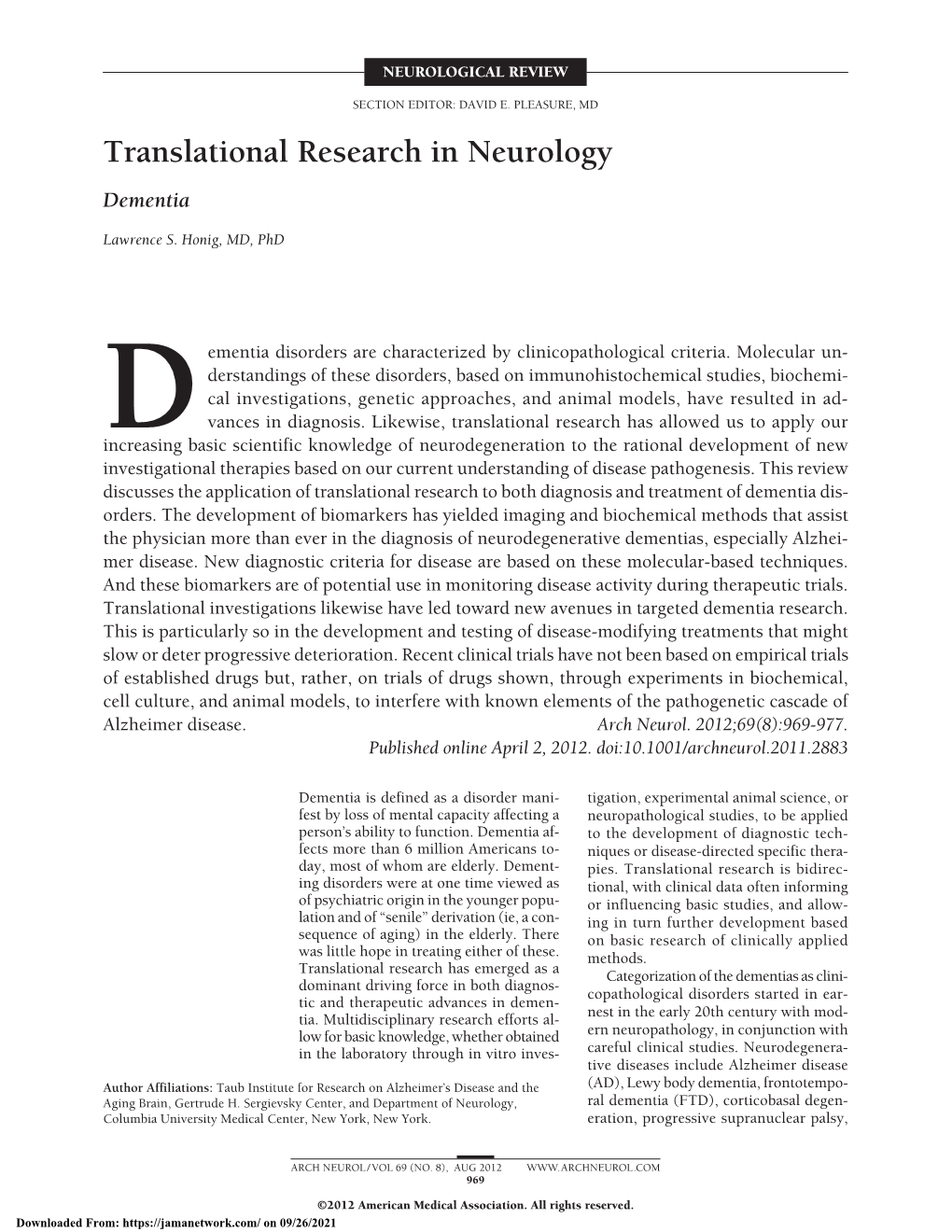 Translational Research in Neurology: Dementia