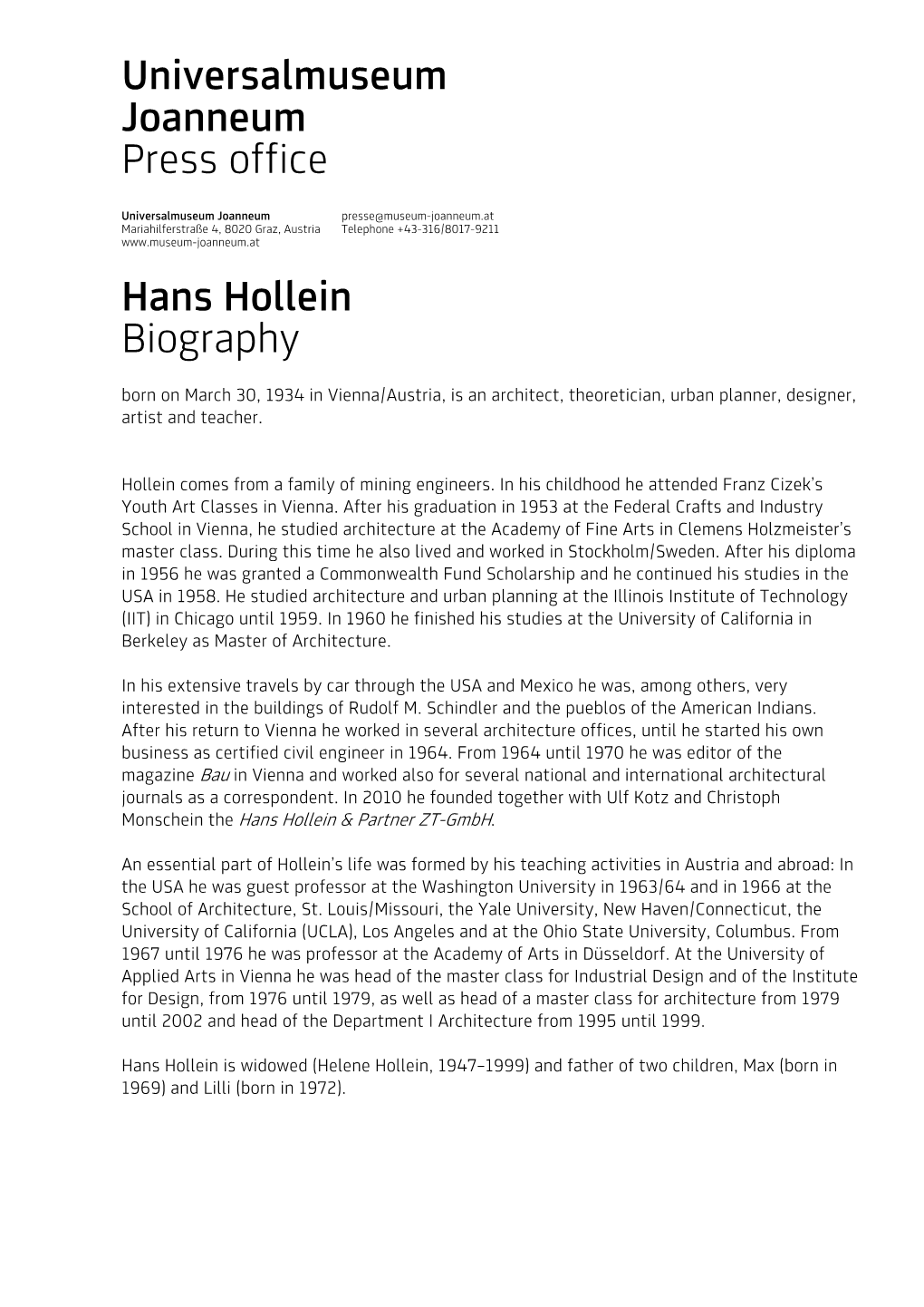 Universalmuseum Joanneum Press Office Hans Hollein Biography