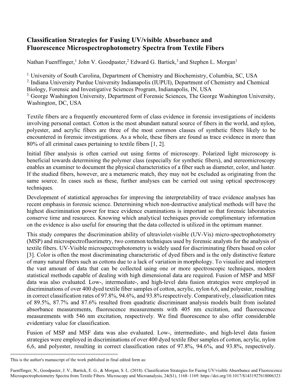 Classification Strategies for Fusing UV/Visible Absorbance and Fluorescence Microspectrophotometry Spectra from Textile Fibers