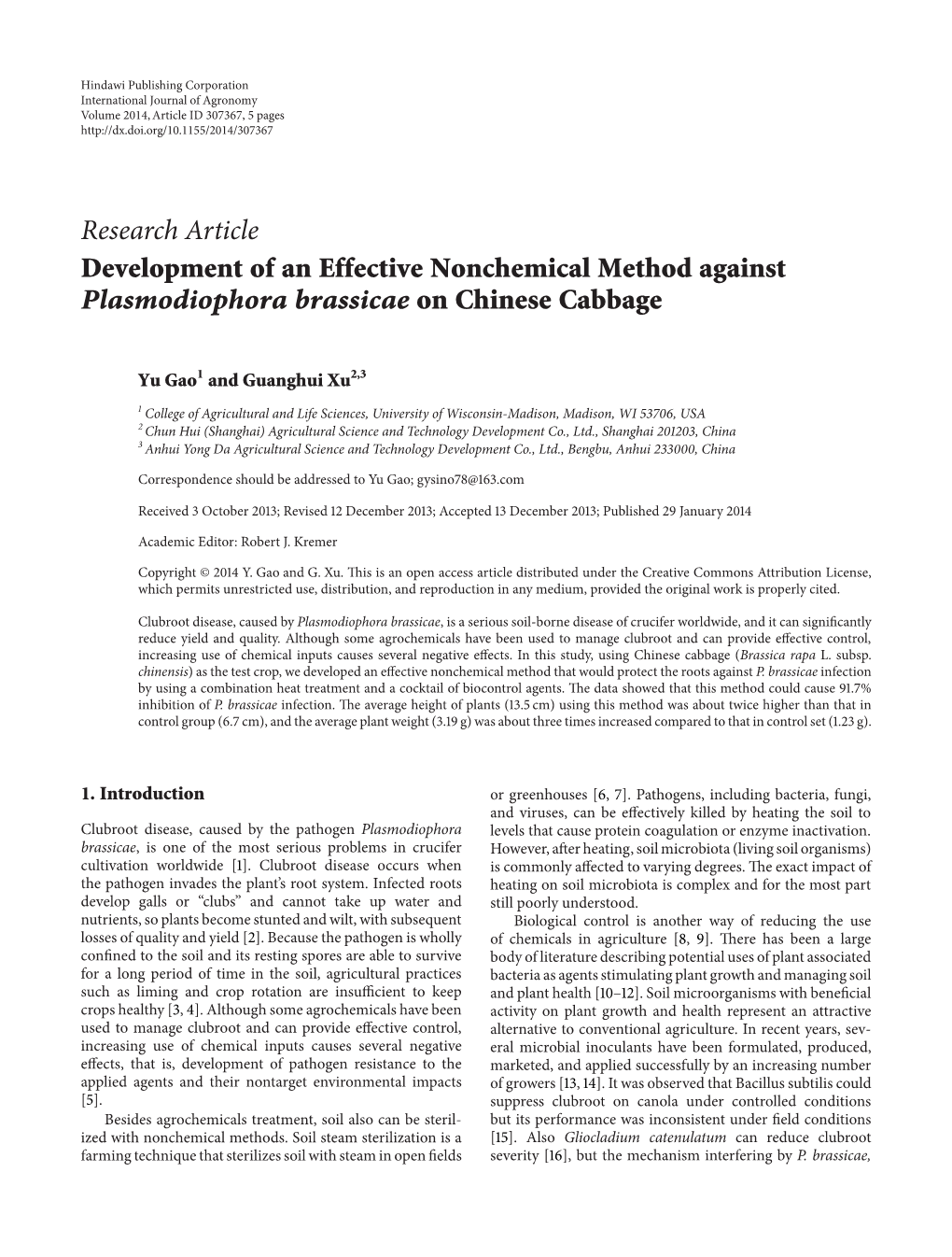 Research Article Development of an Effective Nonchemical Method Against Plasmodiophora Brassicae on Chinese Cabbage