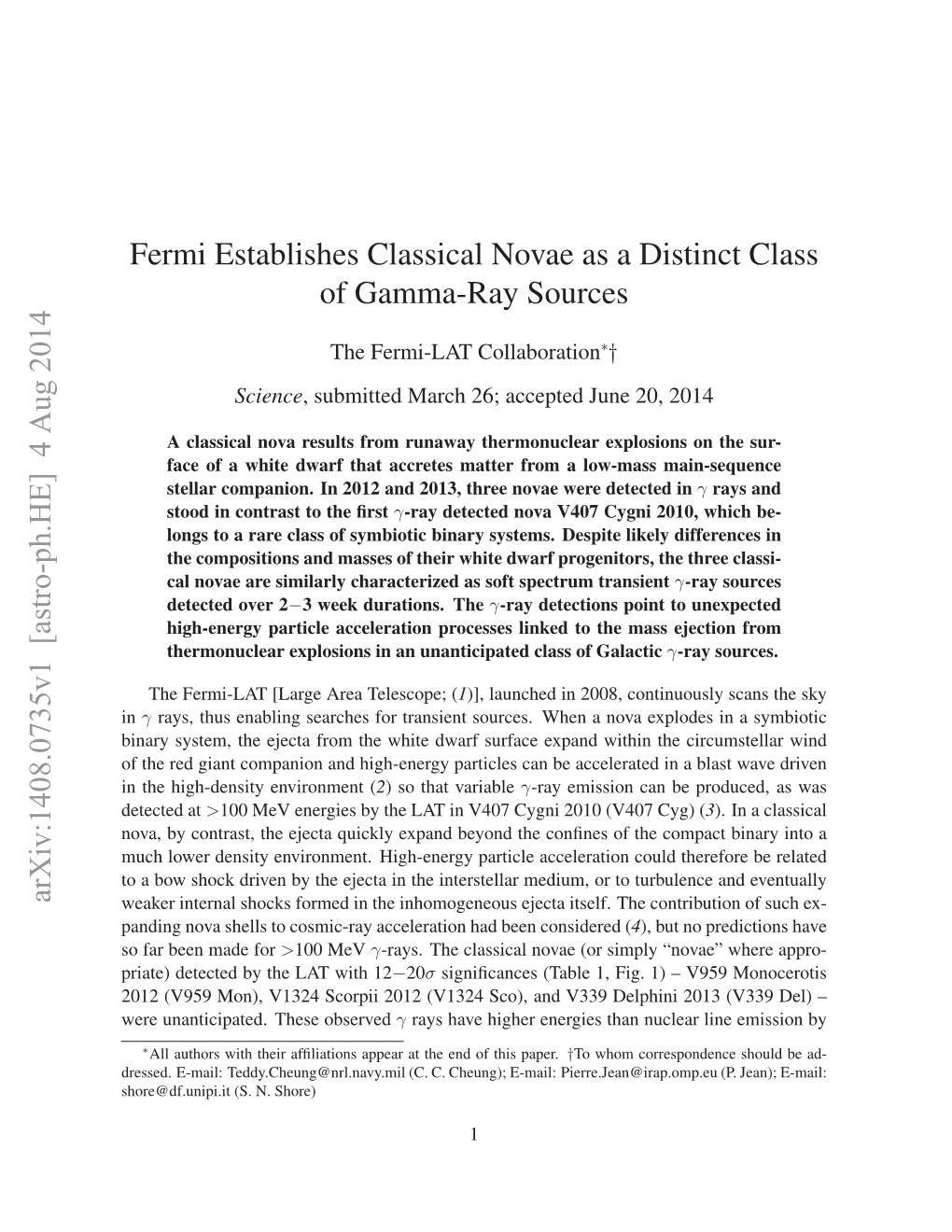 Fermi Establishes Classical Novae As a Distinct Class of Gamma-Ray Sources