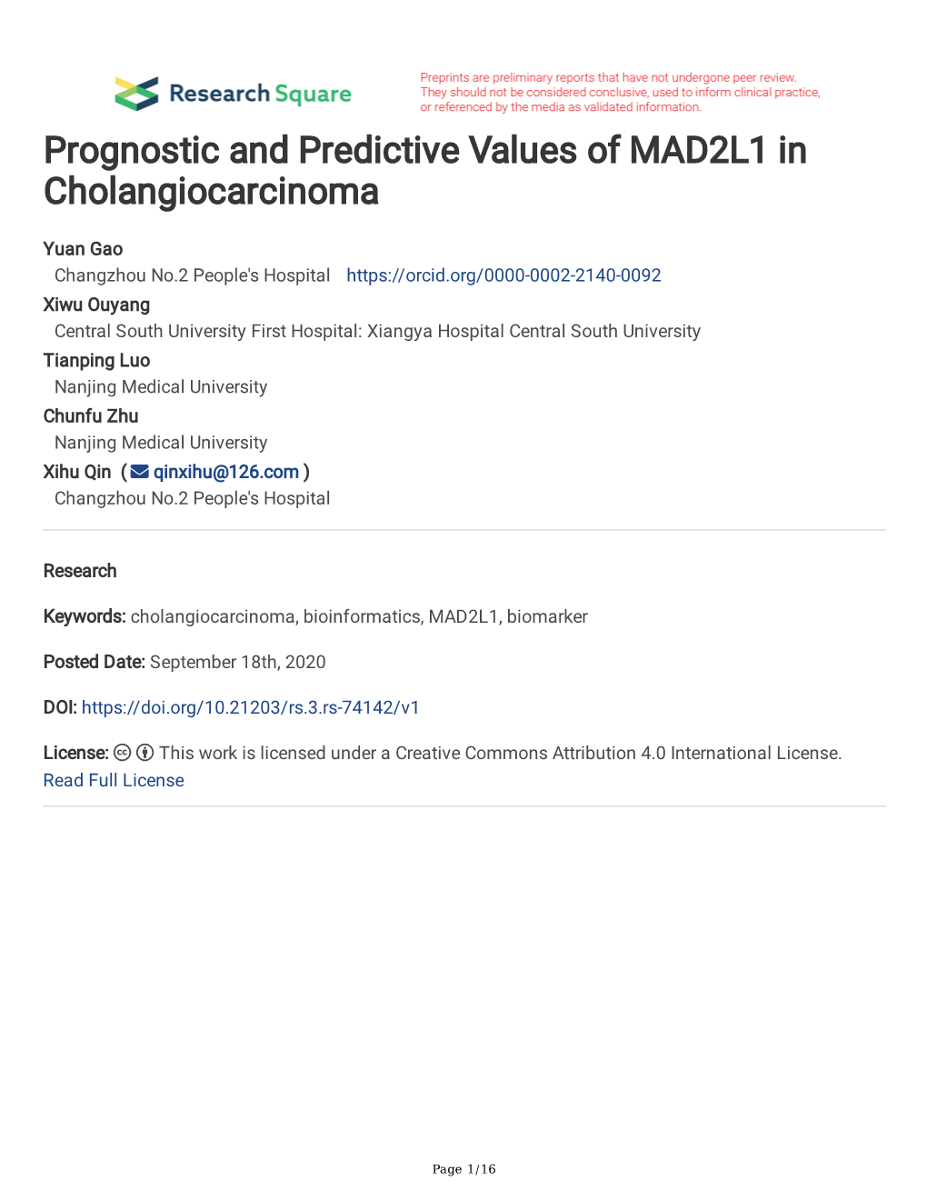 Prognostic and Predictive Values of MAD2L1 in Cholangiocarcinoma