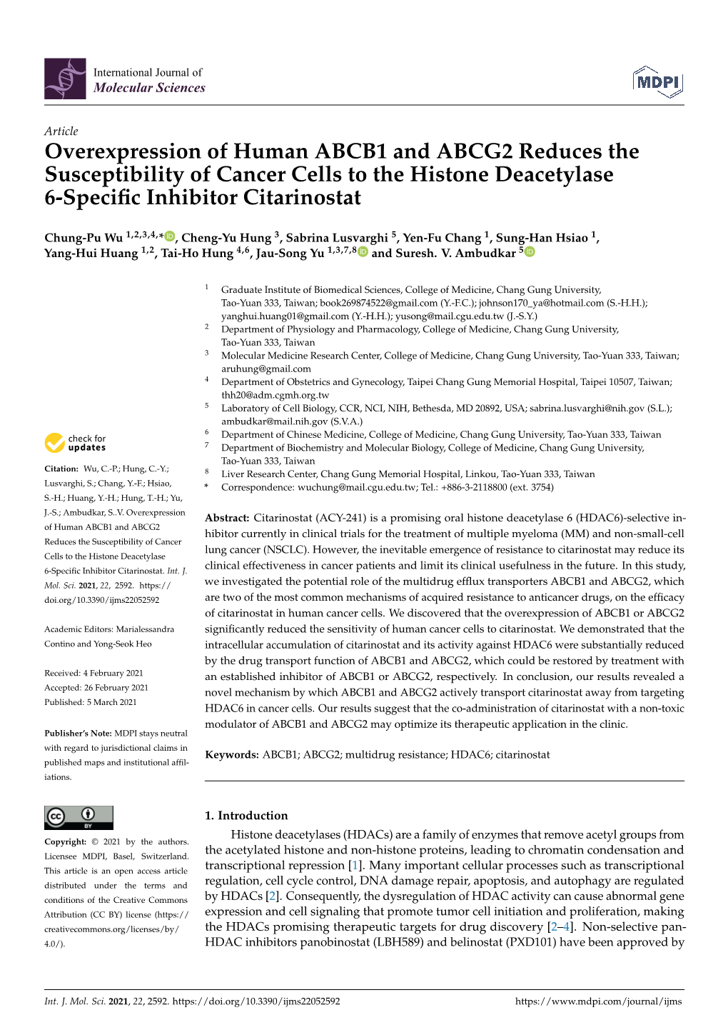 Overexpression of Human ABCB1 and ABCG2 Reduces the Susceptibility of Cancer Cells to the Histone Deacetylase 6-Speciﬁc Inhibitor Citarinostat