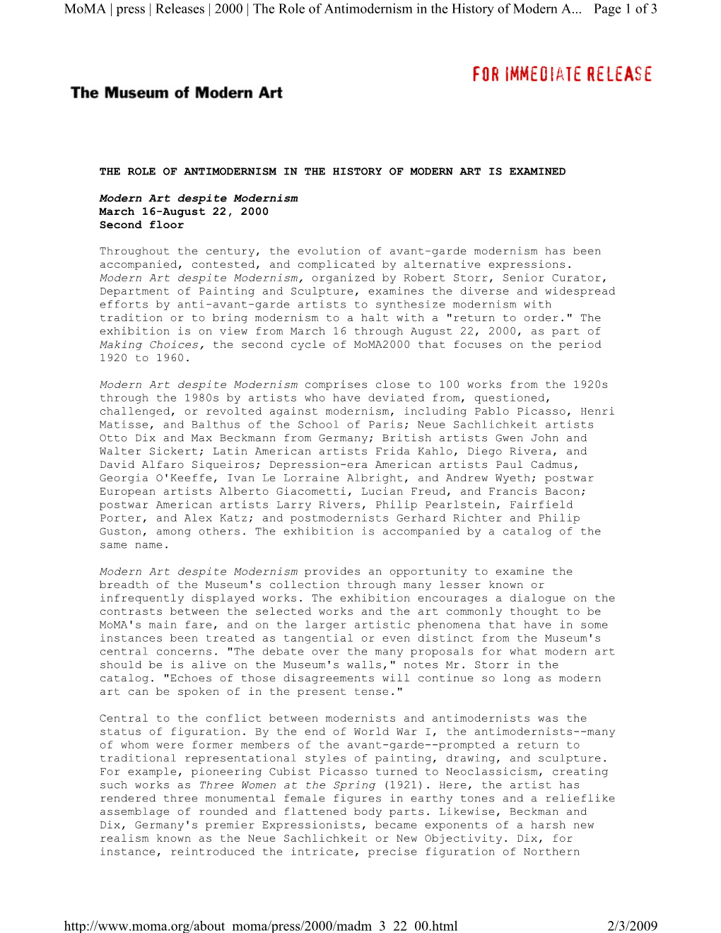 Page 1 of 3 Moma | Press | Releases | 2000 | the Role of Antimodernism