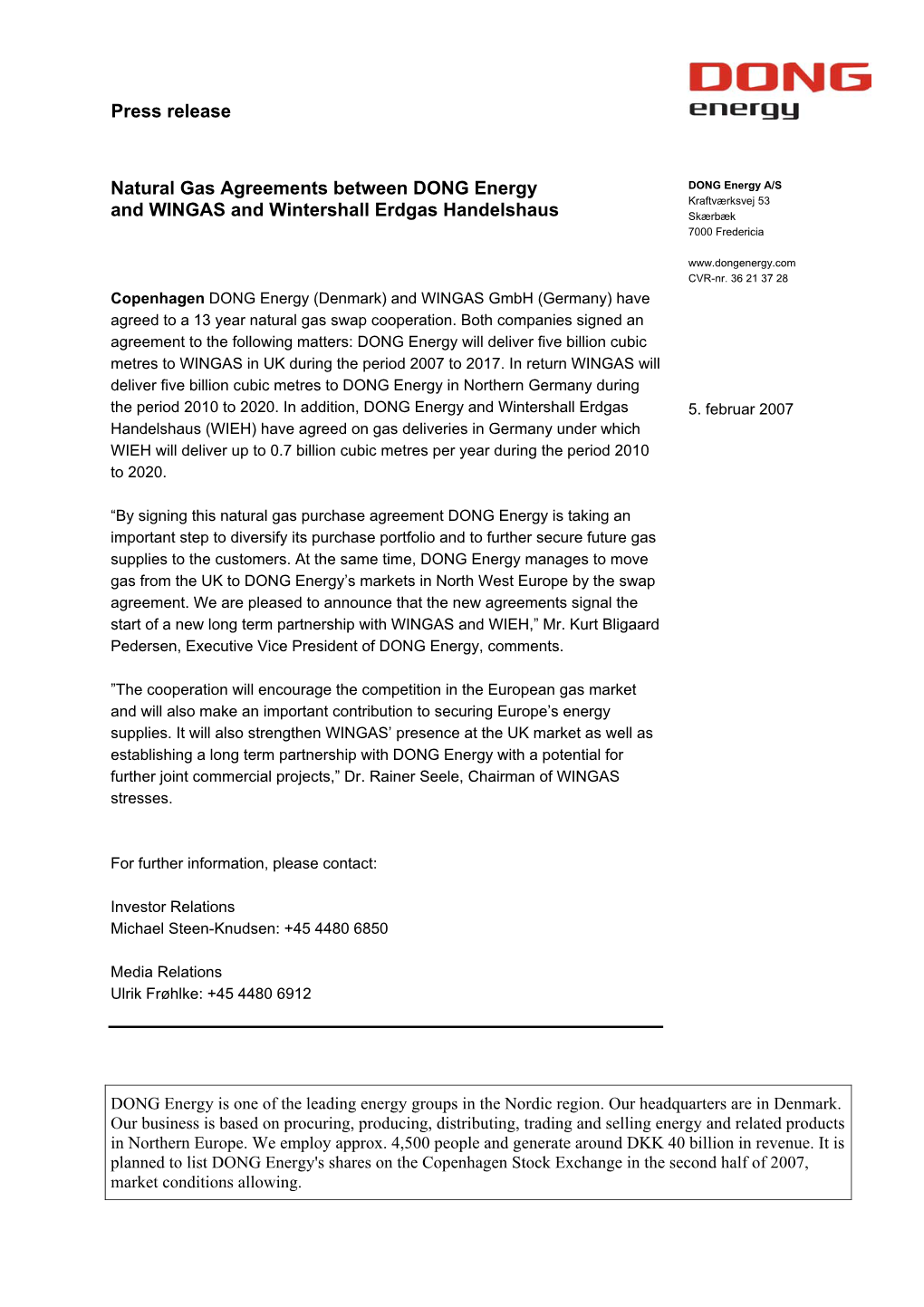 Press Release Natural Gas Agreements Between DONG