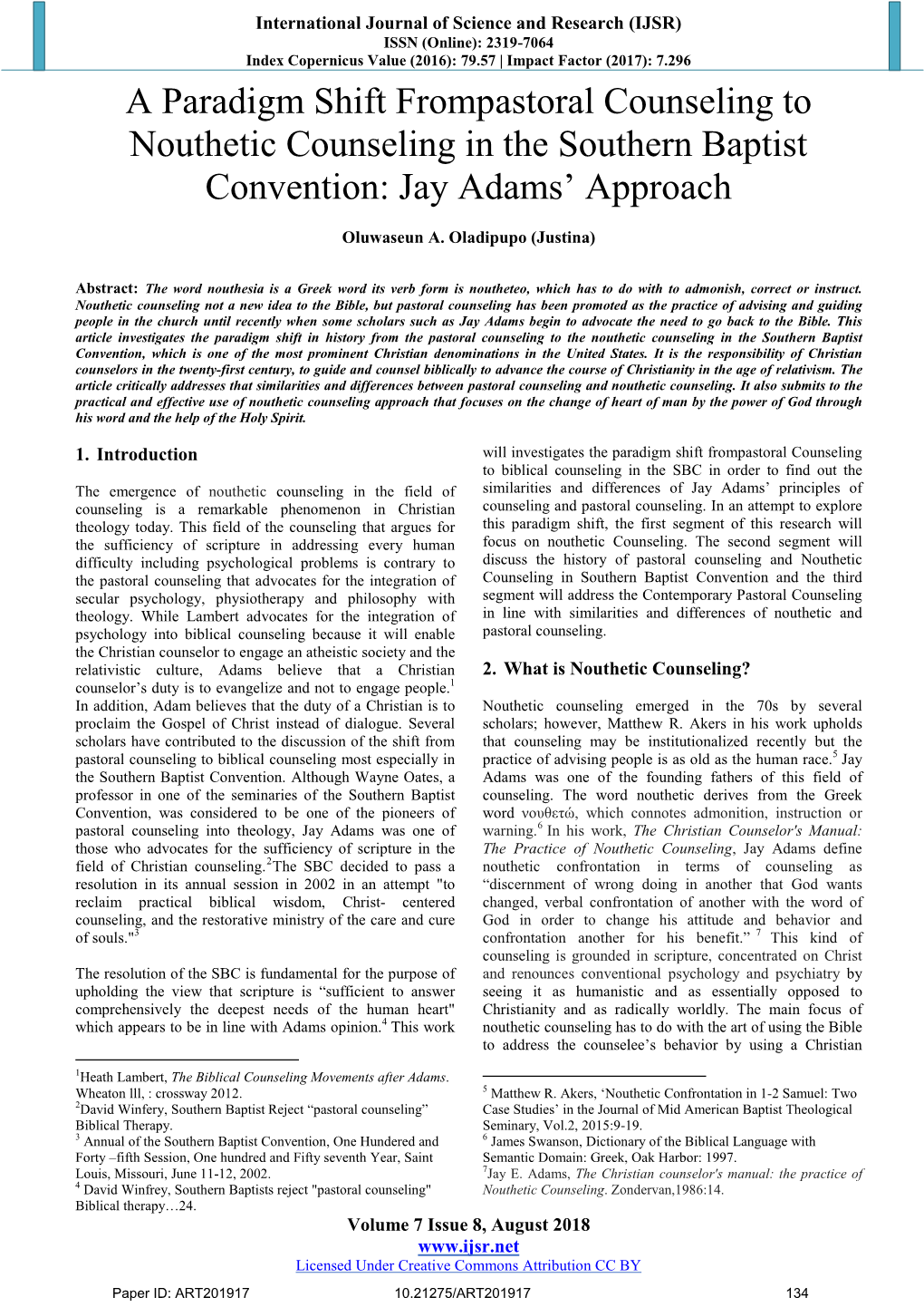 A Paradigm Shift Frompastoral Counseling to Nouthetic Counseling in the Southern Baptist Convention: Jay Adams‟ Approach