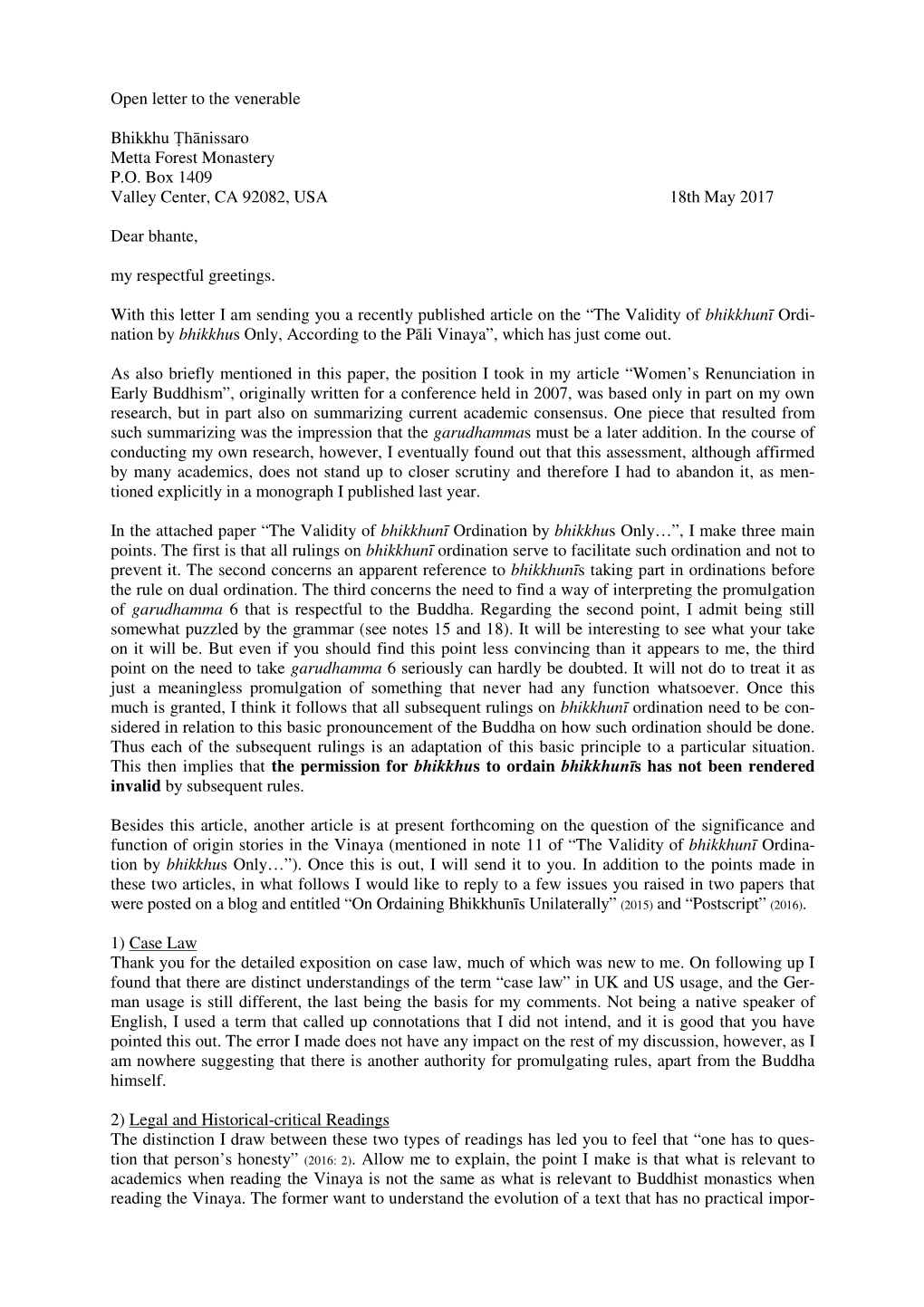 Open Letter to the Venerable Bhikkhu Hānissaro Metta Forest Monastery