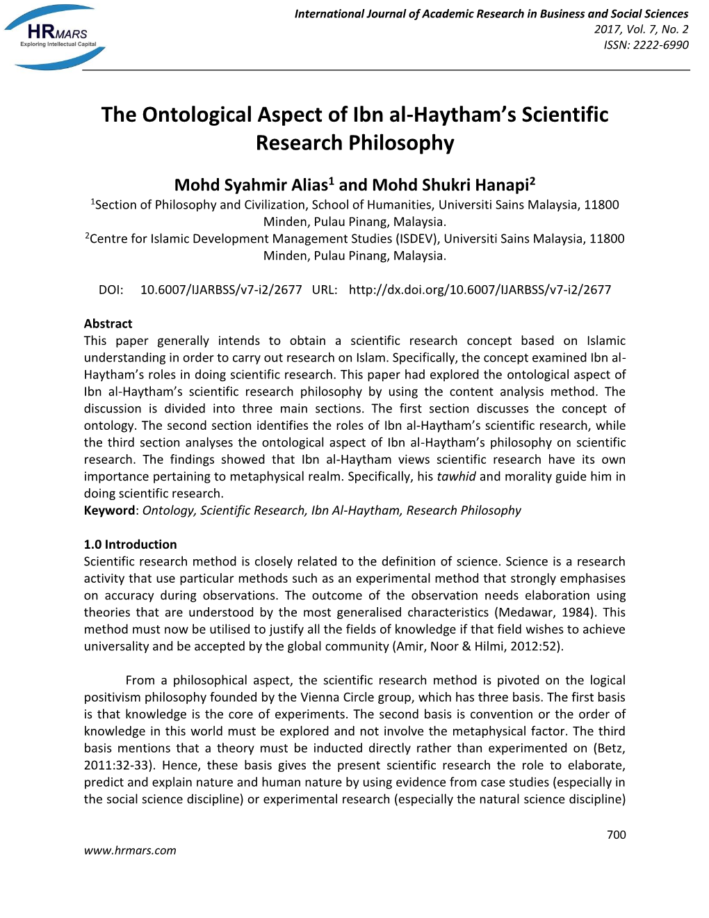 The Ontological Aspect of Ibn Al-Haytham's Scientific Research