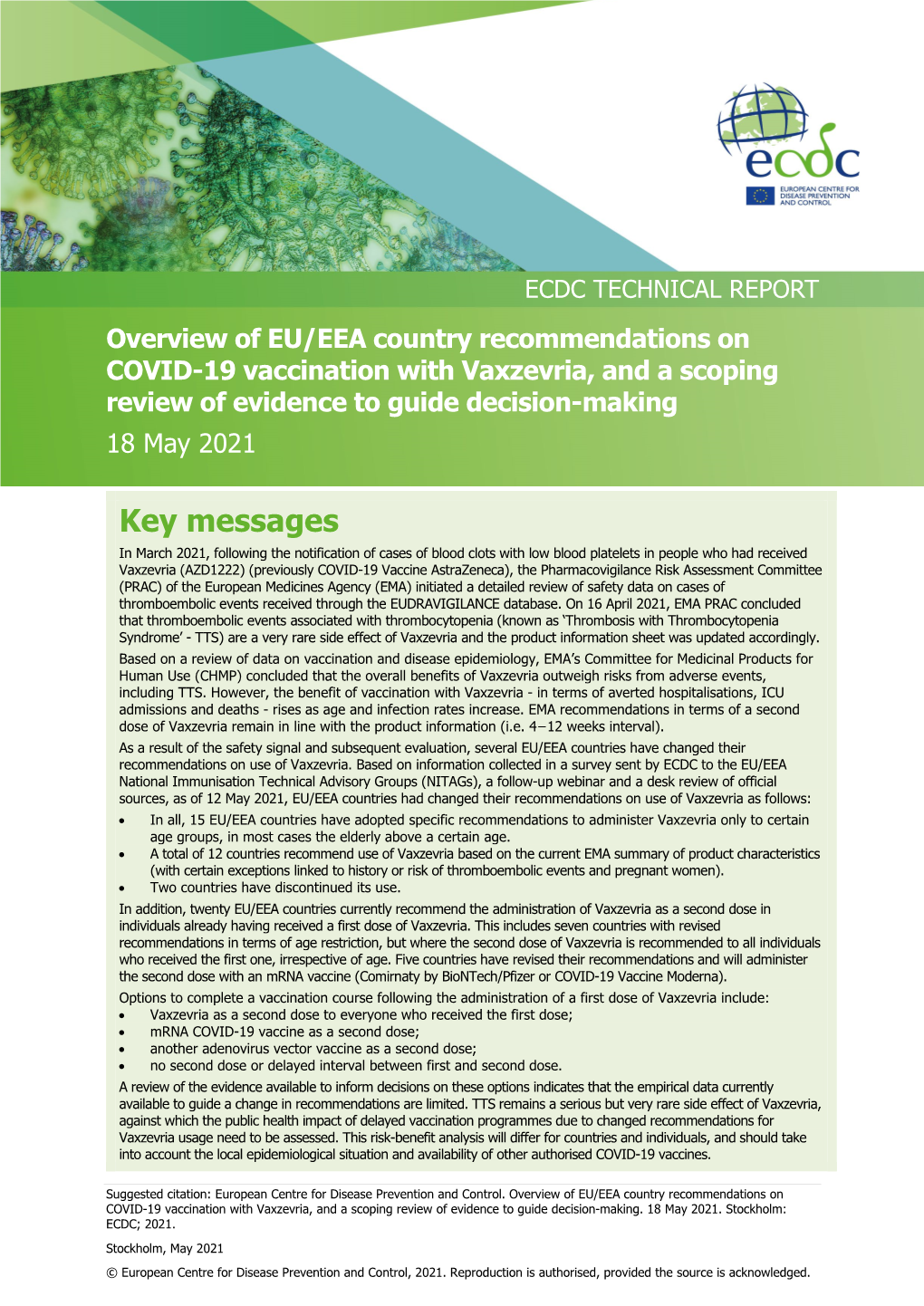 Overview of EU/EEA Country Recommendations on COVID-19 Vaccination with Vaxzevria, and a Scoping Review of Evidence to Guide Decision-Making 18 May 2021