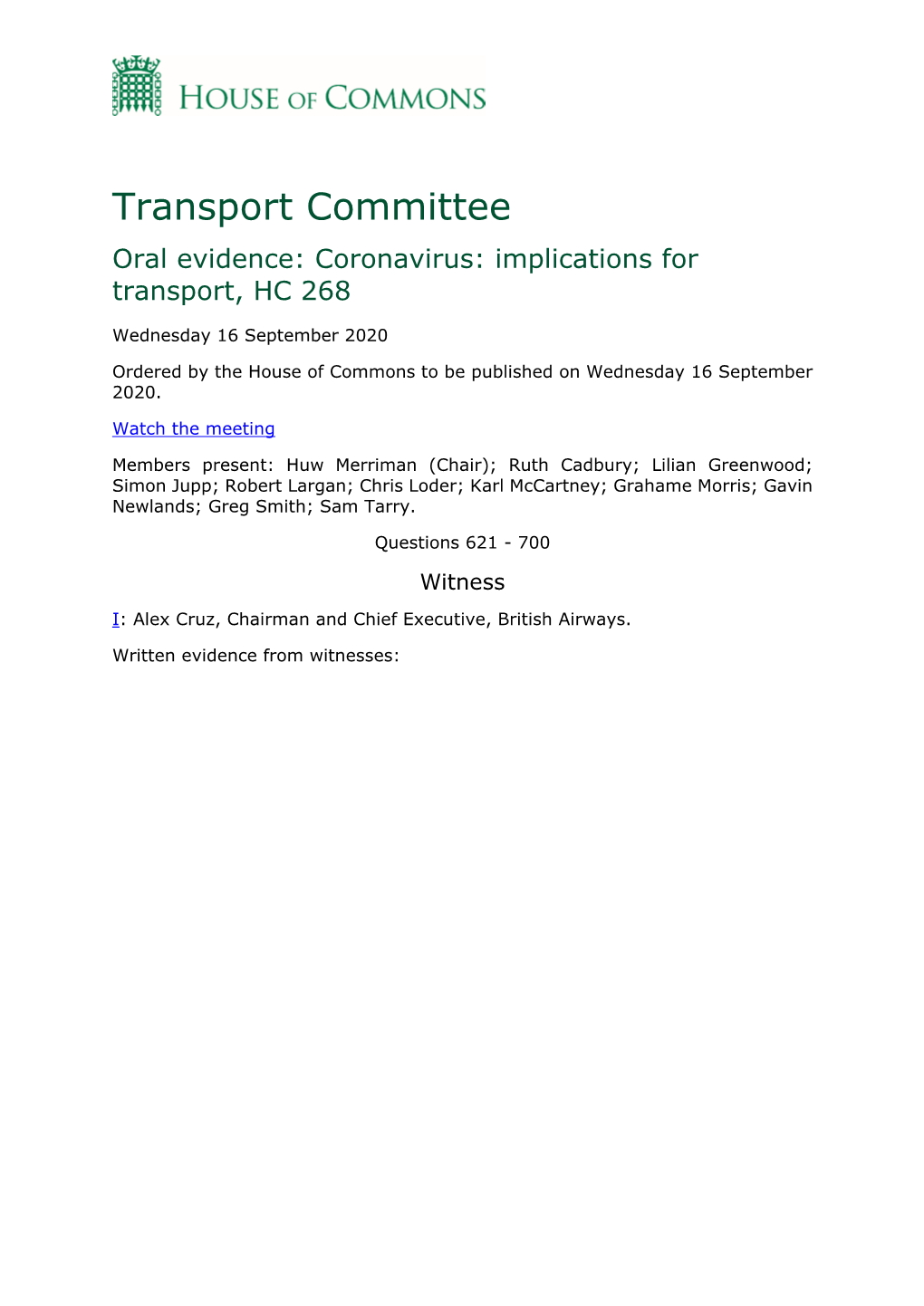 Transport Committee Oral Evidence: Coronavirus: Implications for Transport, HC 268