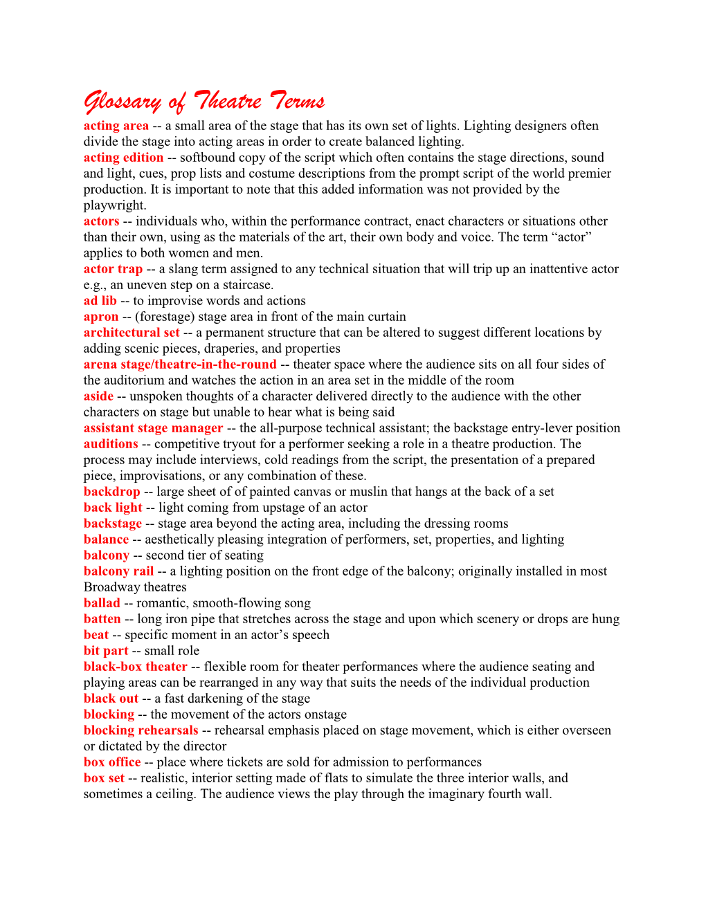 Glossary of Theatre Terms Acting Area -- a Small Area of the Stage That Has Its Own Set of Lights