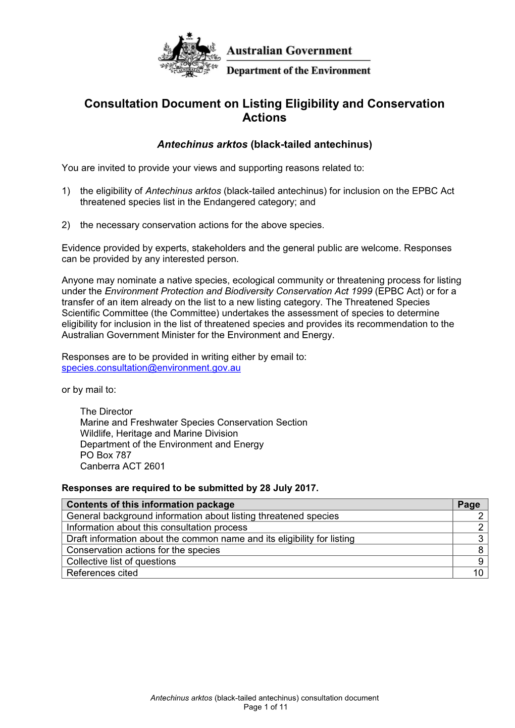 Consultation Document on Listing Eligibility and Conservation Actions