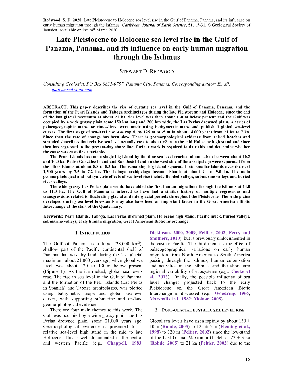 Pleistocene to Holocene Sea-Level Rise in the Gulf of Panama