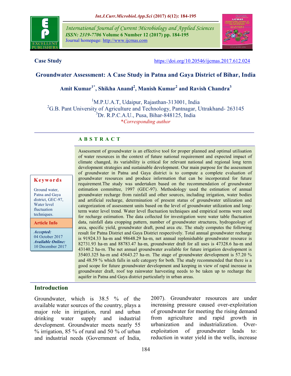 Groundwater Assessment: a Case Study in Patna and Gaya District of Bihar, India Introduction International Journal of Current Mi