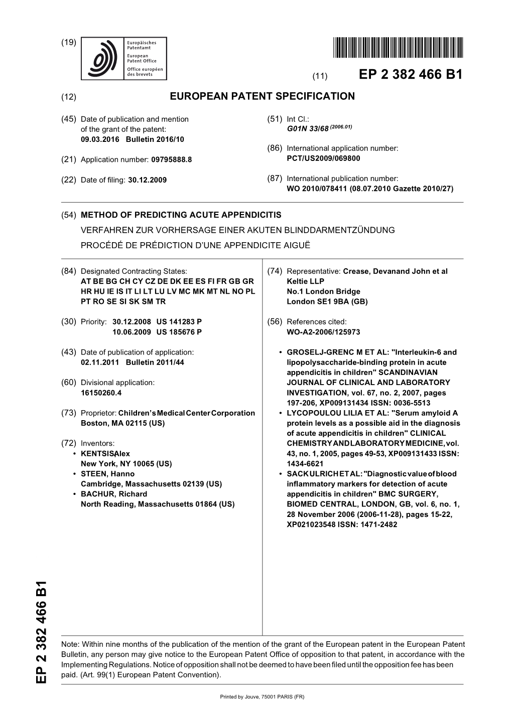 Method of Predicting Acute Appendicitis Verfahren Zur Vorhersage Einer Akuten Blinddarmentzündung Procédé De Prédiction D’Une Appendicite Aiguë