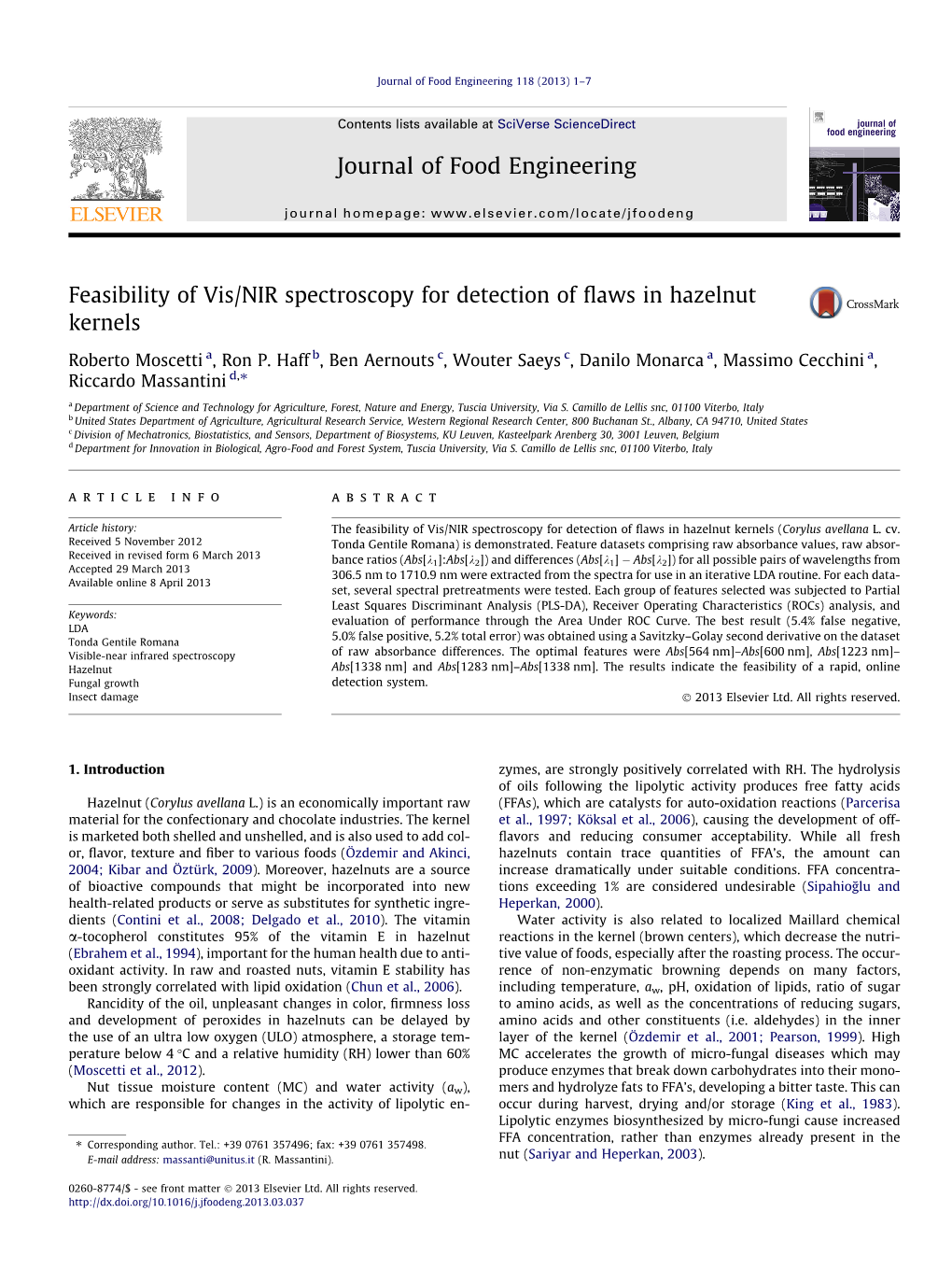 Feasibility of Vis/NIR Spectroscopy for Detection of Flaws in Hazelnut Kernels