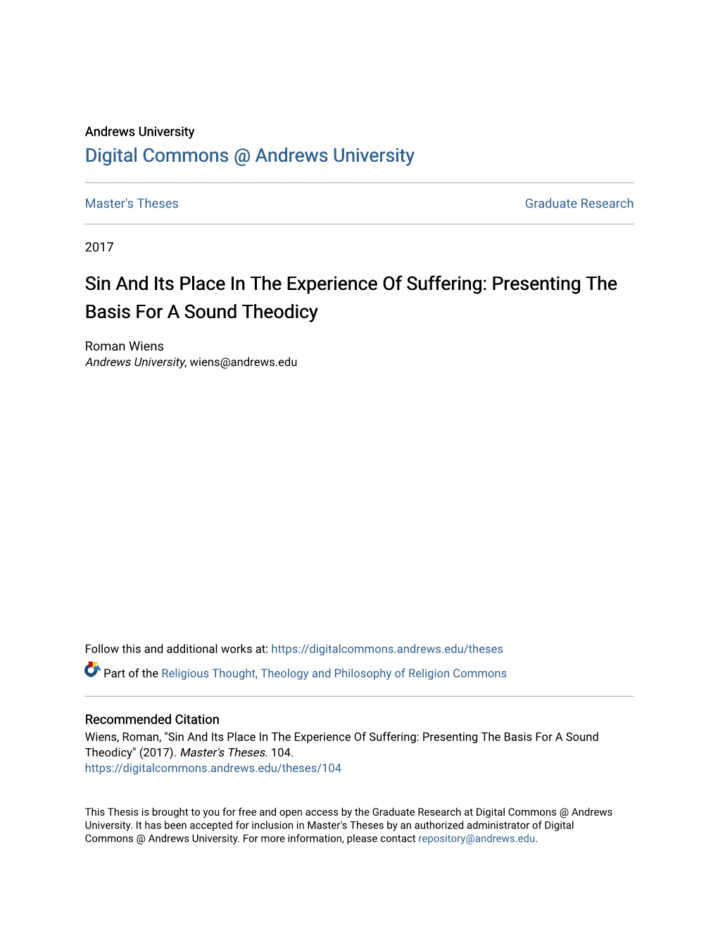 Sin and Its Place in the Experience of Suffering: Presenting the Basis for a Sound Theodicy