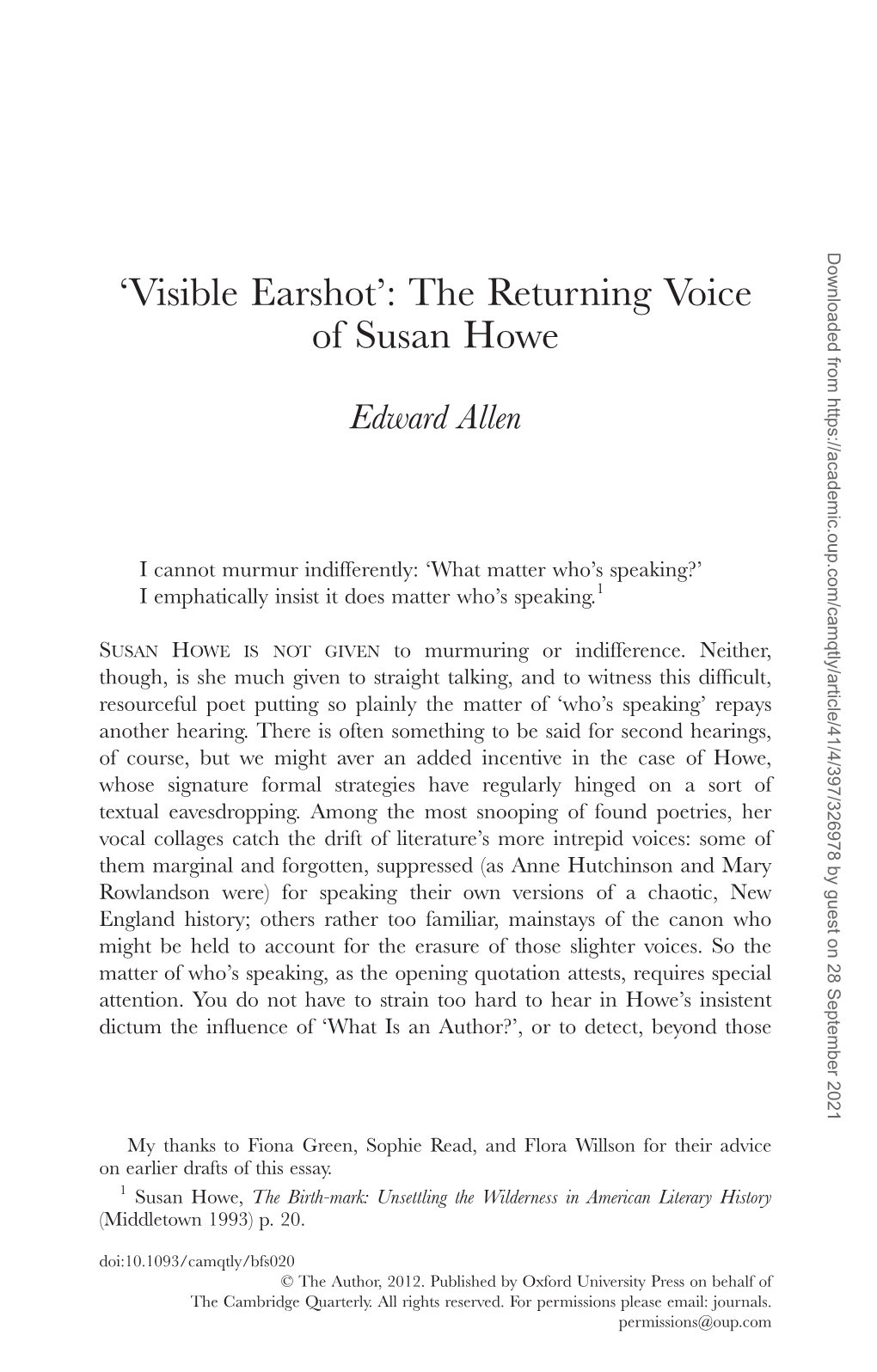 'Visible Earshot': the Returning Voice of Susan Howe
