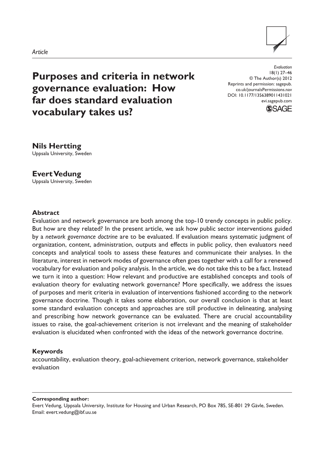 Purposes and Criteria in Network Governance Evaluation