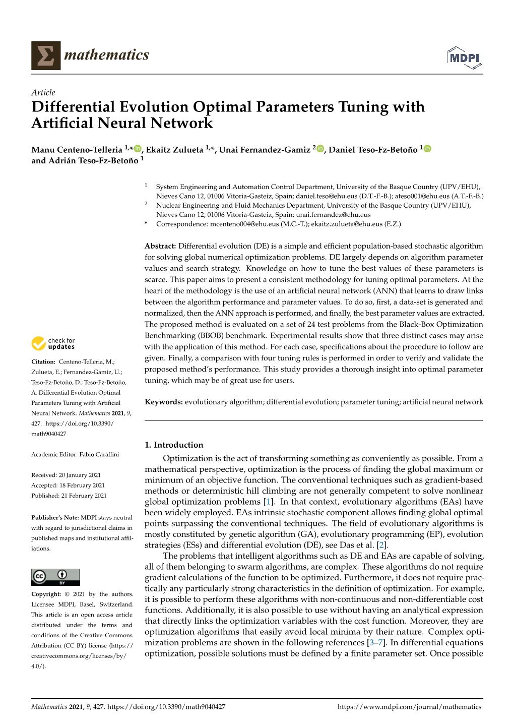 Differential Evolution Optimal Parameters Tuning with Artificial