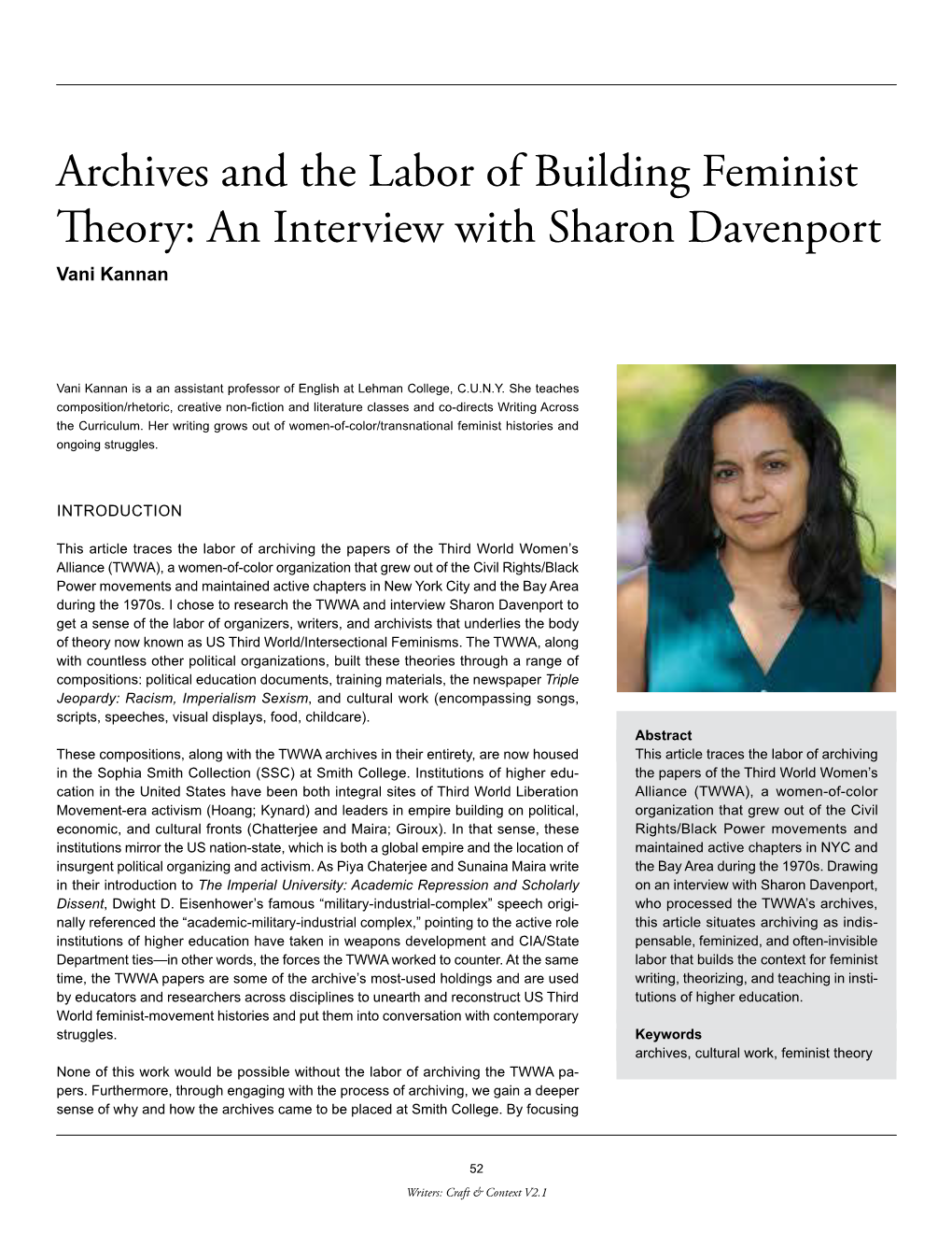 Archives and the Labor of Building Feminist Theory: an Interview with Sharon Davenport Vani Kannan