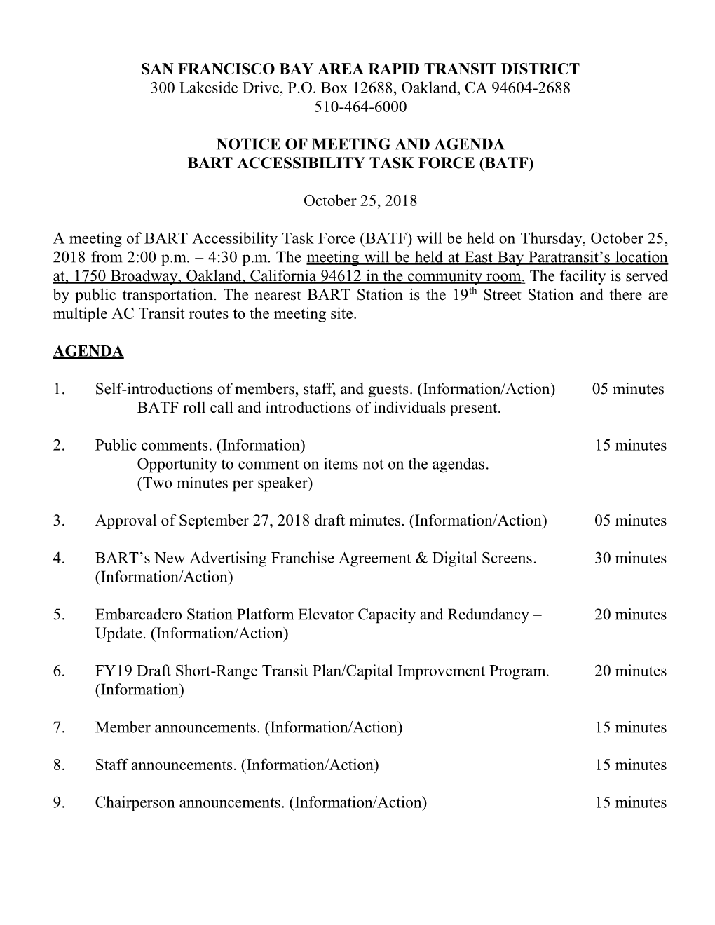 SAN FRANCISCO BAY AREA RAPID TRANSIT DISTRICT 300 Lakeside Drive, P.O