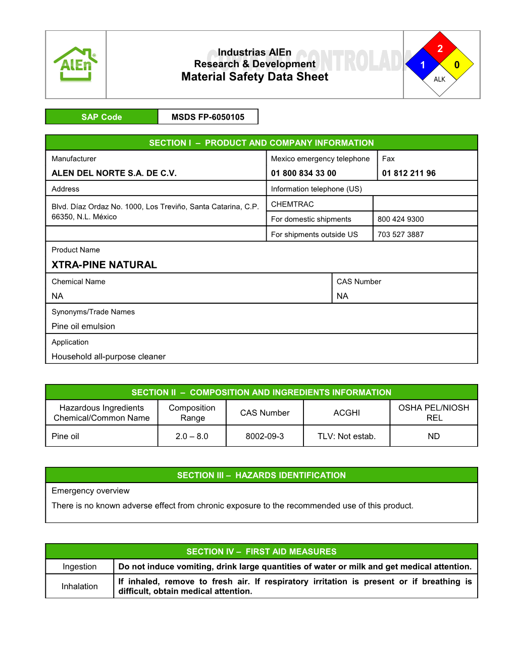 XTRA-PINE NATURAL- MSDS FP-6050105 Rev. 7 Page 2 of 7