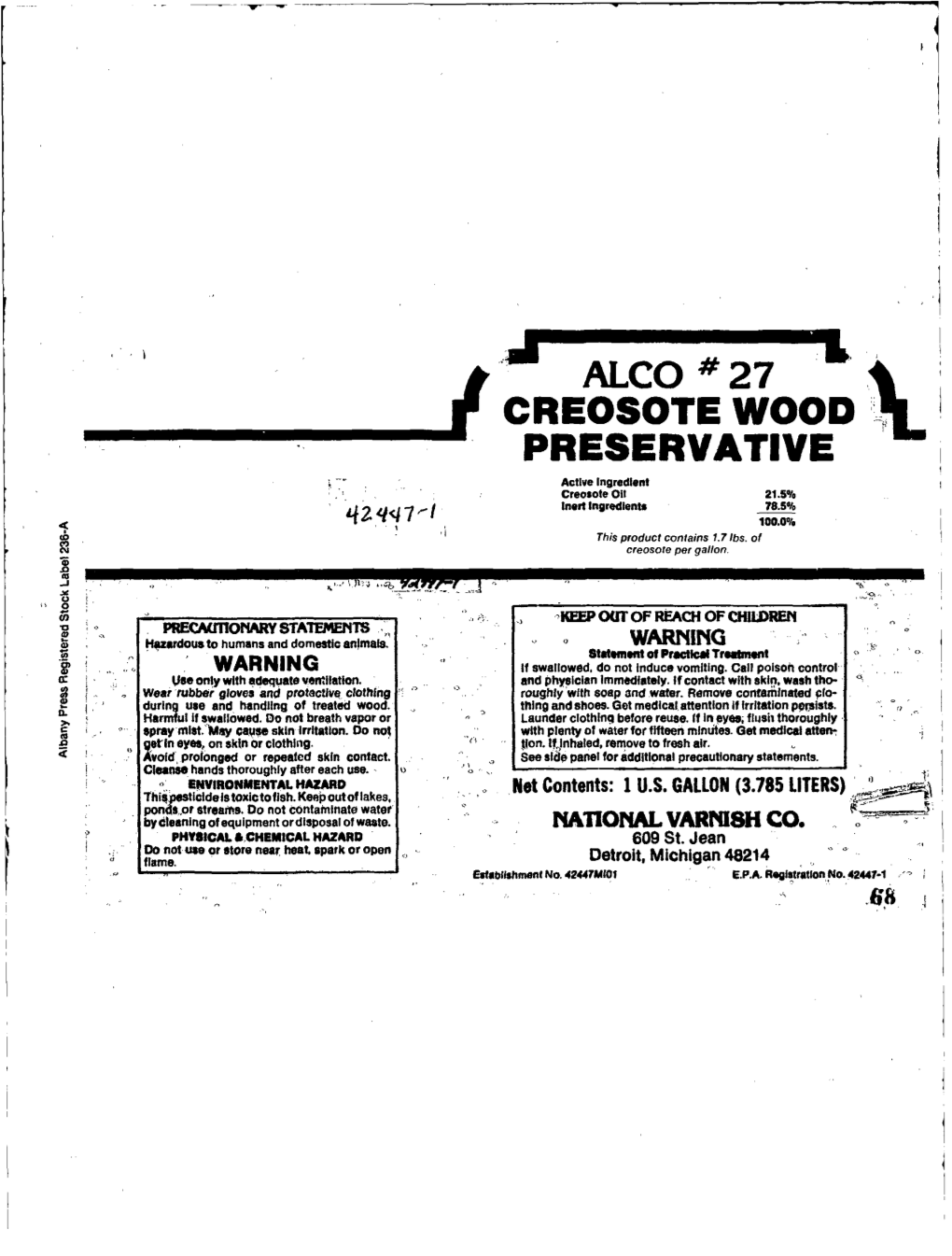 U.S. EPA, Pesticide Product Label, ALCO #27 CREOSOTE WOOD