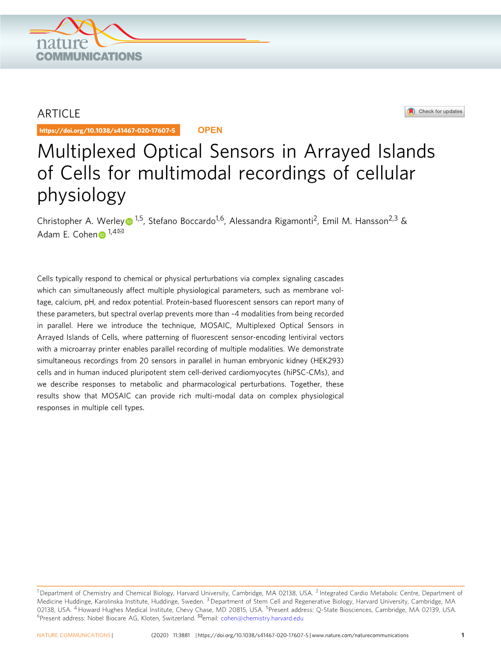 Multiplexed Optical Sensors in Arrayed Islands of Cells for Multimodal Recordings of Cellular Physiology