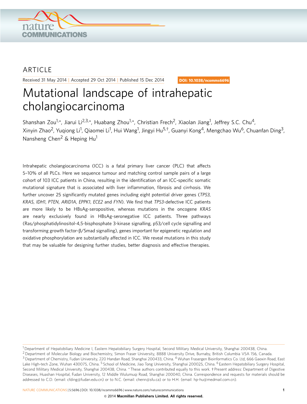 Mutational Landscape of Intrahepatic Cholangiocarcinoma