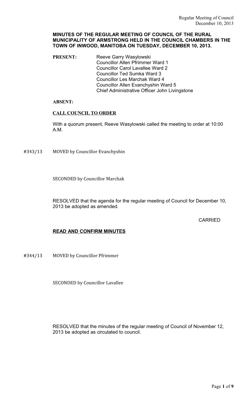 Regular Meeting of Council to Be Held on Monday, , 2001 at 7:30 P