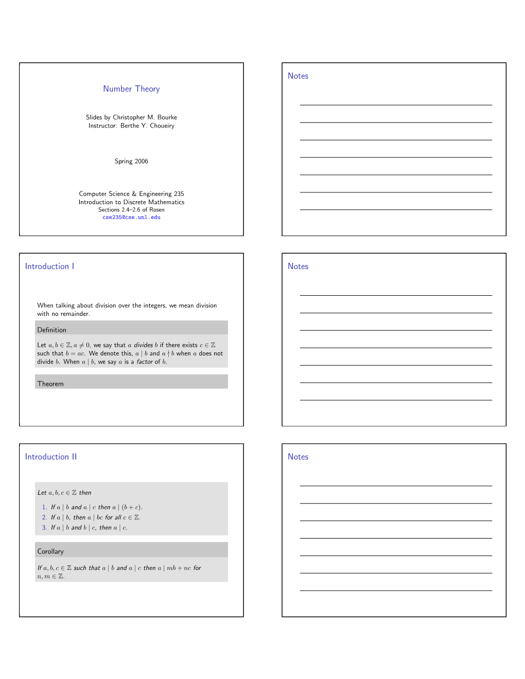 Number Theory Notes Introduction I Notes Introduction II Notes