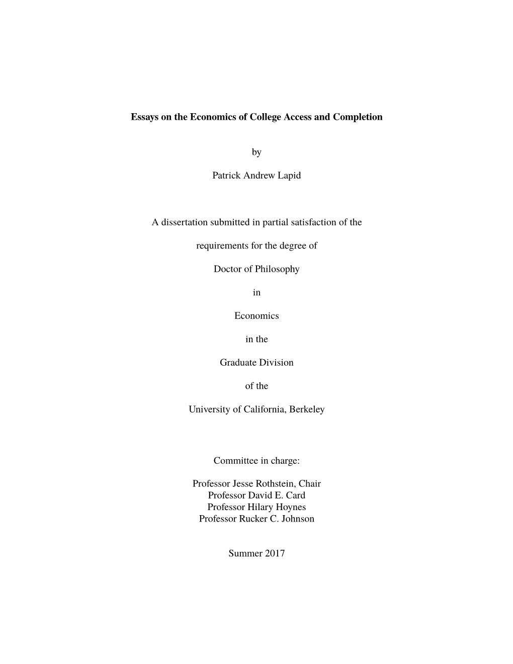 Essays on the Economics of College Access and Completion by Patrick