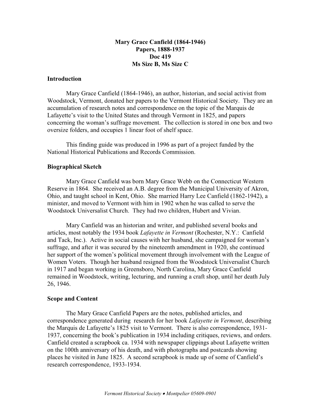 Mary Grace Canfield (1864-1946) Papers, 1888-1937 Doc 419 Ms Size B, Ms Size C