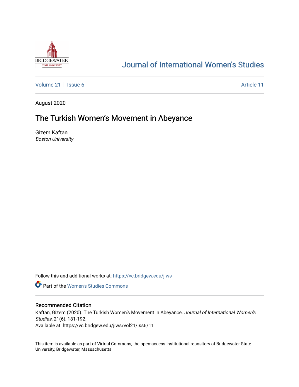 The Turkish Women's Movement in Abeyance