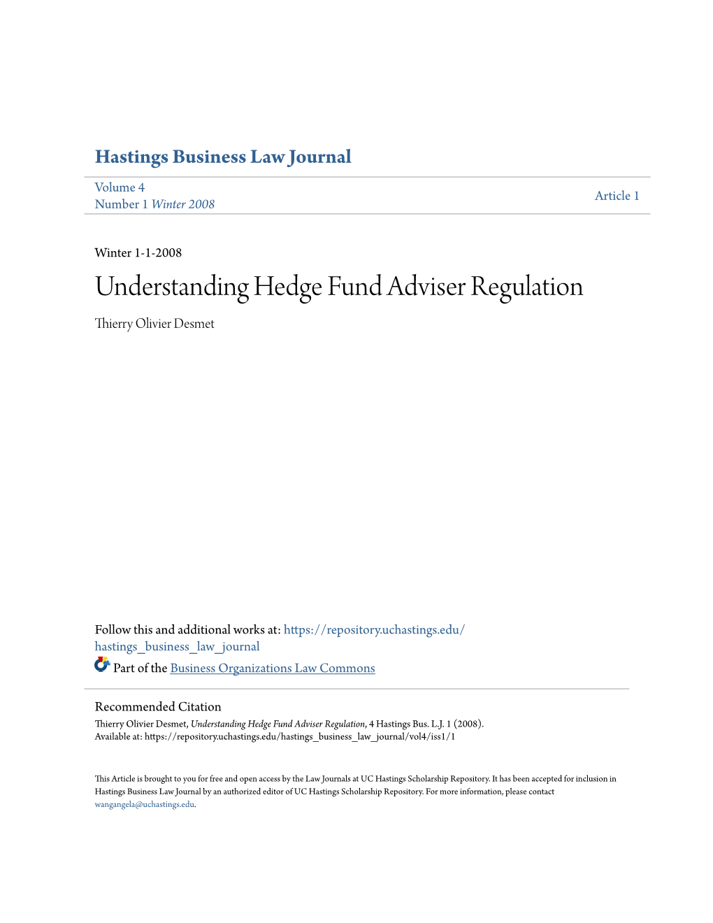 Understanding Hedge Fund Adviser Regulation Thierry Olivier Desmet