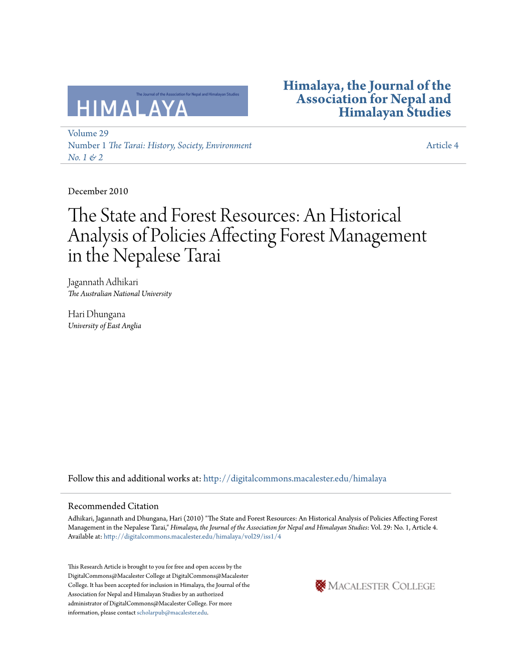 The State and Forest Resources: an Historical Analysis of Policies Affecting Forest Management in the Nepalese Tarai