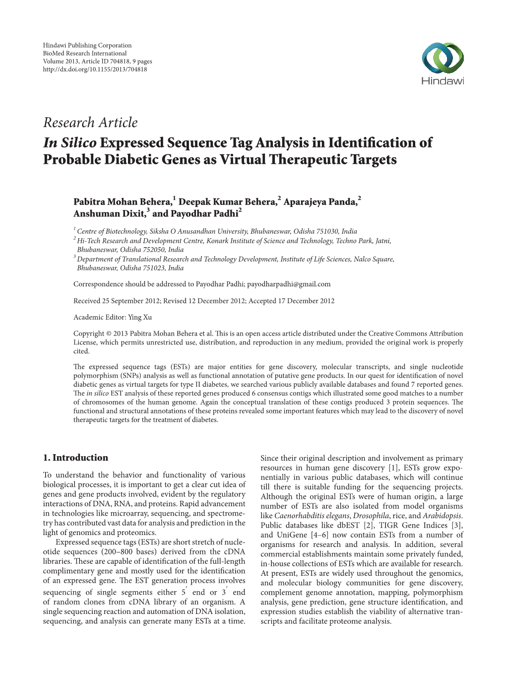 In Silico Expressed Sequence Tag Analysis in Identification of Probable Diabetic Genes As Virtual Therapeutic Targets