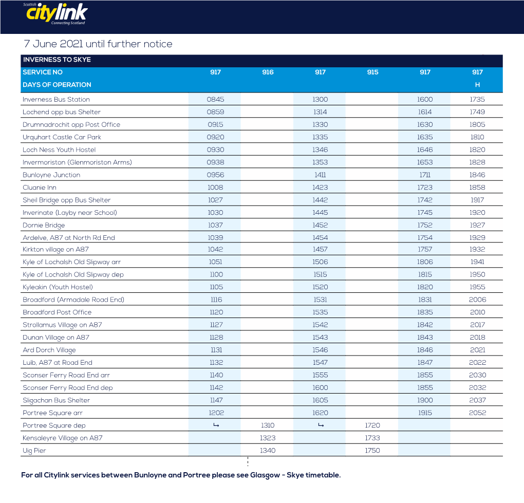 7 June 2021 Until Further Notice INVERNESS to SKYE SERVICE NO 917 916 917 915 917 917 DAYS of OPERATION H