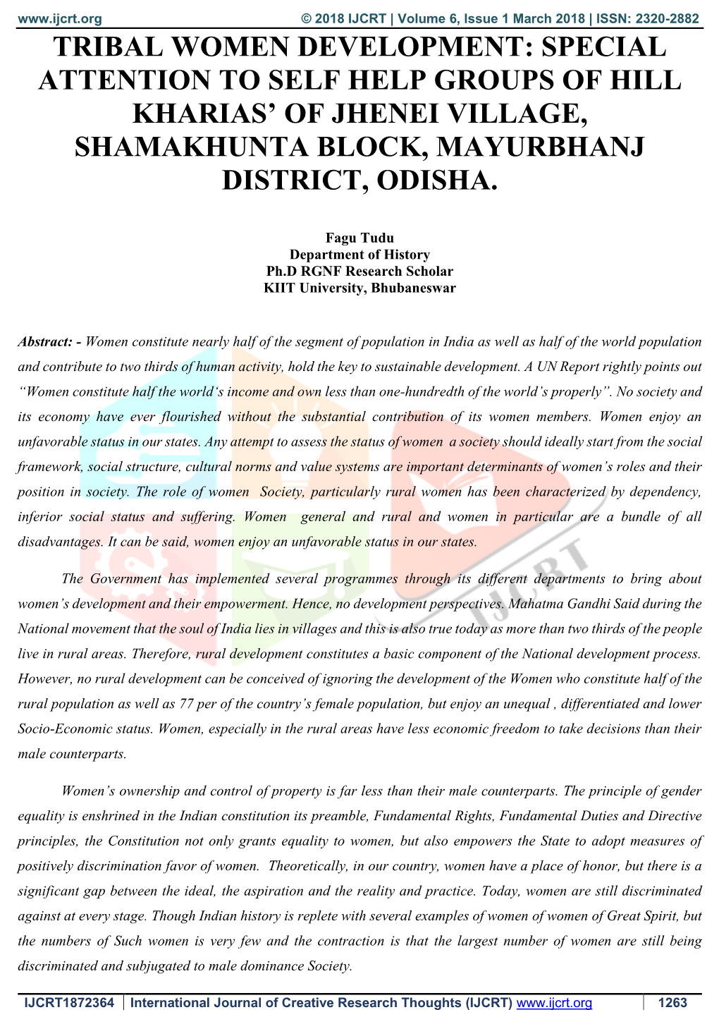 Tribal Women Development: Special Attention to Self Help Groups of Hill Kharias’ of Jhenei Village, Shamakhunta Block, Mayurbhanj District, Odisha