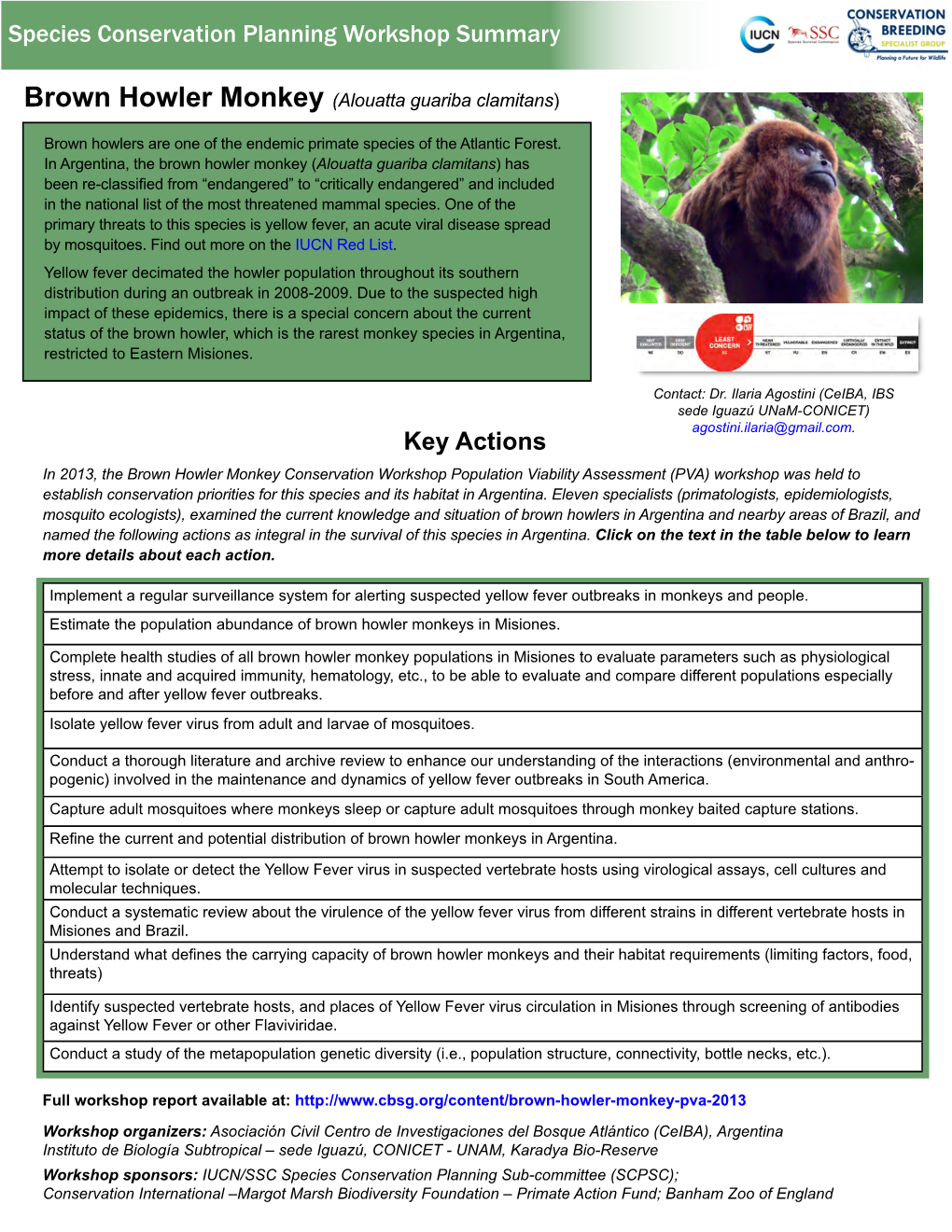 Species Conservation Planning Workshop Summary Key Actions