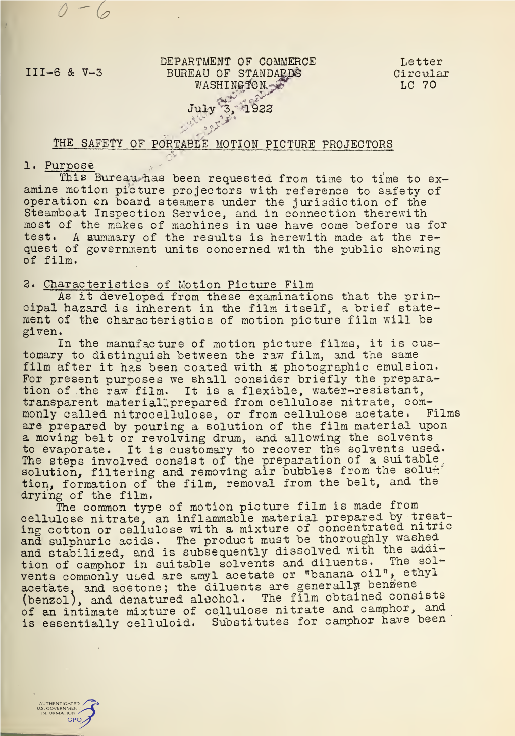 Letter Circular 70: the Safety of Portable Motion Picture Projectors