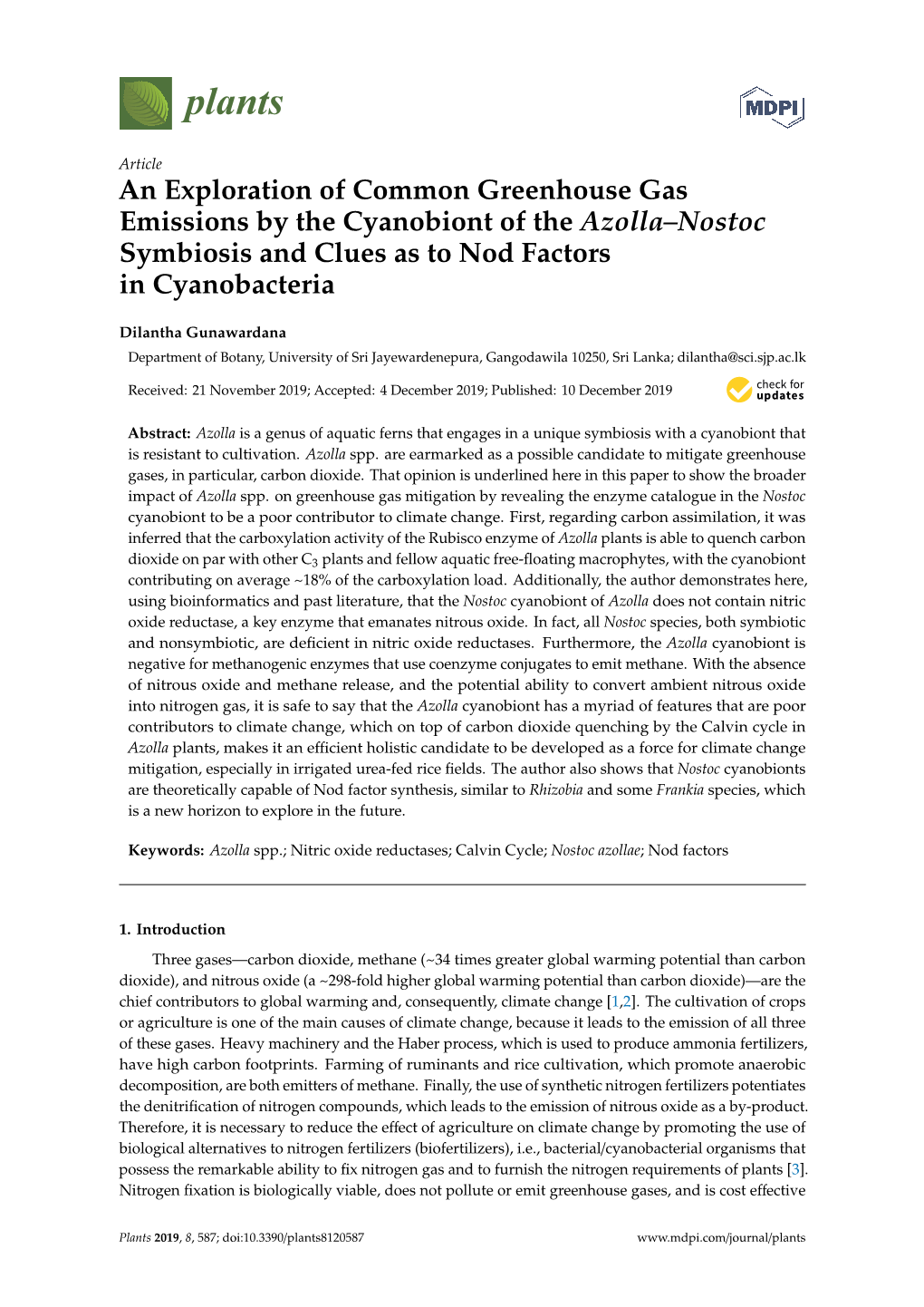 An Exploration of Common Greenhouse Gas Emissions by the Cyanobiont of the Azolla–Nostoc Symbiosis and Clues As to Nod Factors in Cyanobacteria