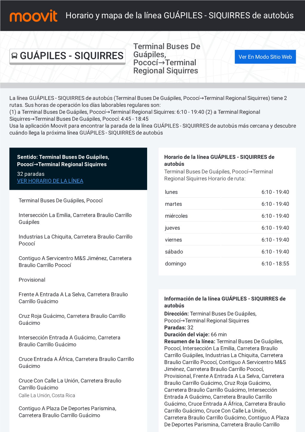 Horario Y Mapa De La Línea GUÁPILES - SIQUIRRES De Autobús