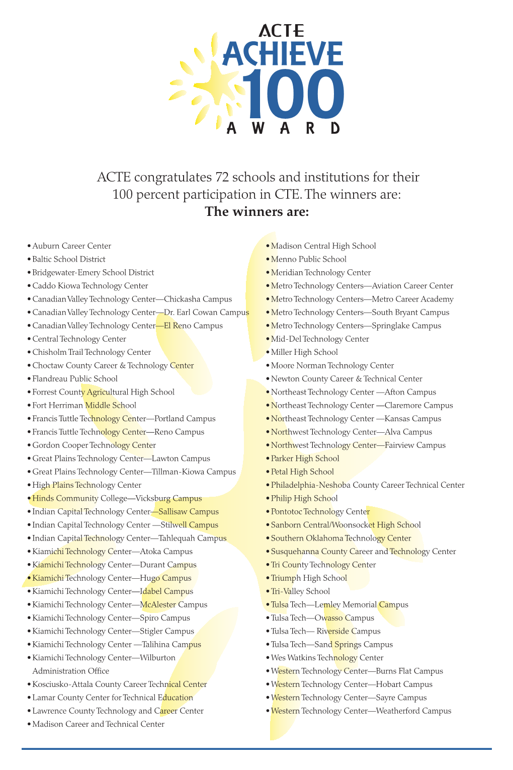 ACTE Congratulates 72 Schools and Institutions for Their 100 Percent Participation in CTE