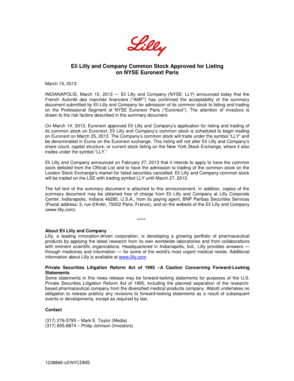 Eli Lilly and Company Common Stock Approved for Listing on NYSE Euronext Paris