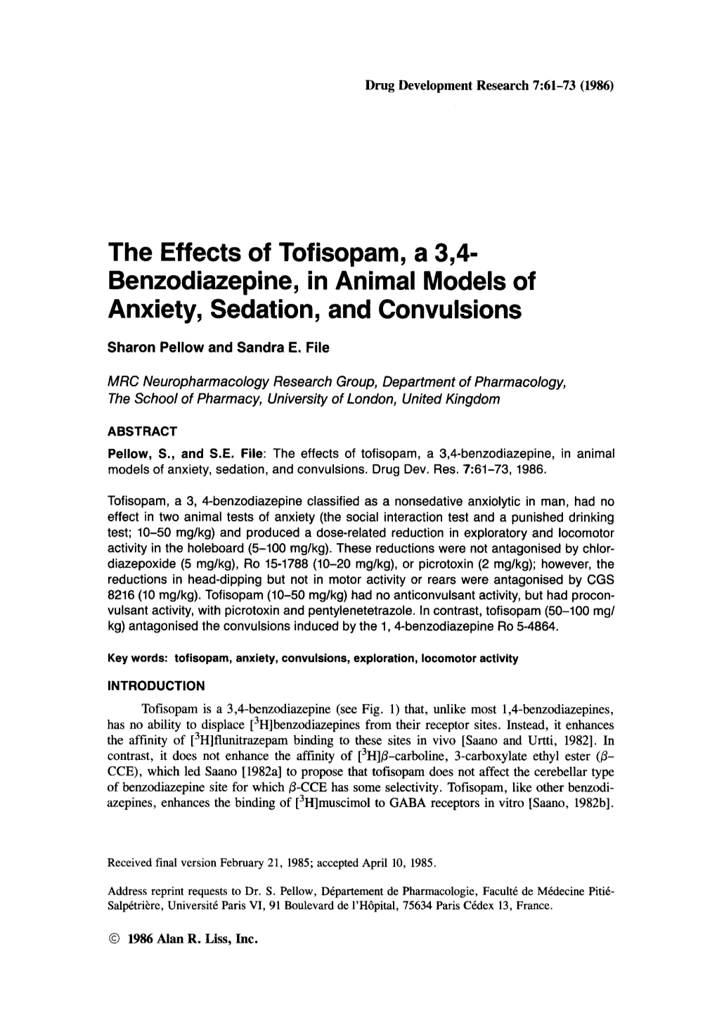 The Effects of Tofisopam, a 3,4-Benzodiazepine, in Animal Models of Anxiety, Sedation, and Convulsions